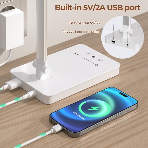 Schreibtischlampe LED 15W Dimmbar mit Augenschutz, 5 Farben und 10 Helligkeitsstufen, mit Adapter Ladefunktion Timer-Funktion, Memory Lesemodus Tischlampe für Kinder Schlafzimmer Büro (Weiß)