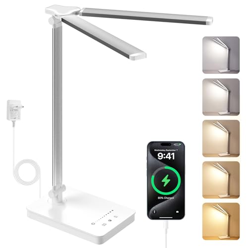 Schreibtischlampe LED 15W Dimmbar mit Augenschutz, 5 Farben und 10 Helligkeitsstufen, mit Adapter Ladefunktion Timer-Funktion, Memory Lesemodus Tischlampe für Kinder Schlafzimmer Büro (Weiß)