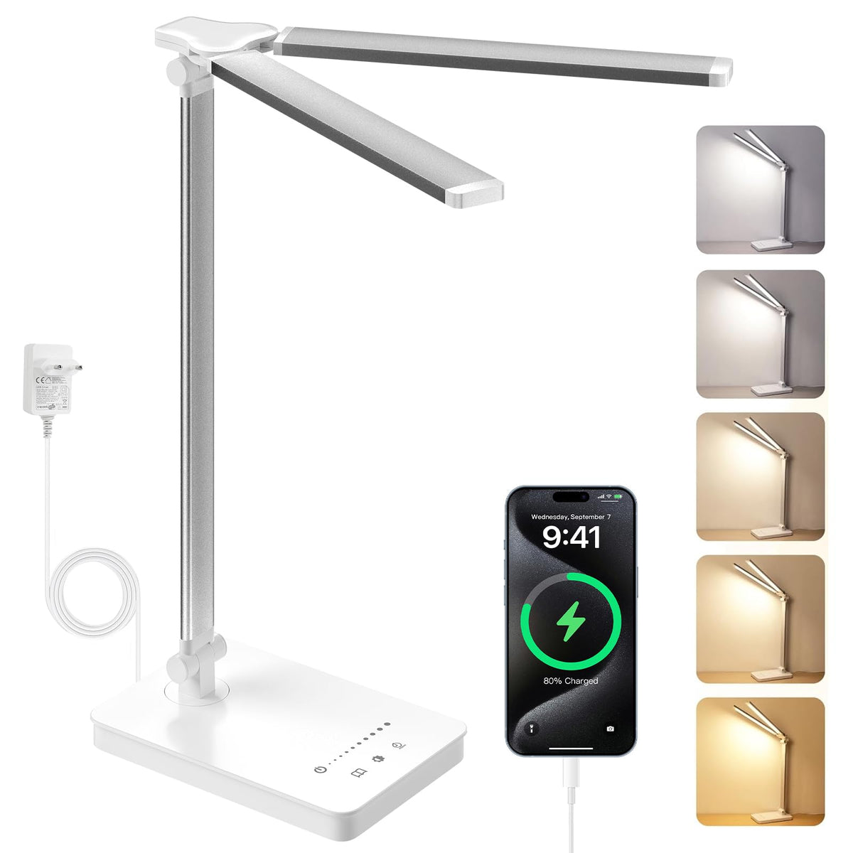 Schreibtischlampe LED 15W Dimmbar mit Augenschutz, 5 Farben und 10 Helligkeitsstufen, mit Adapter Ladefunktion Timer-Funktion, Memory Lesemodus Tischlampe für Kinder Schlafzimmer Büro (Weiß)