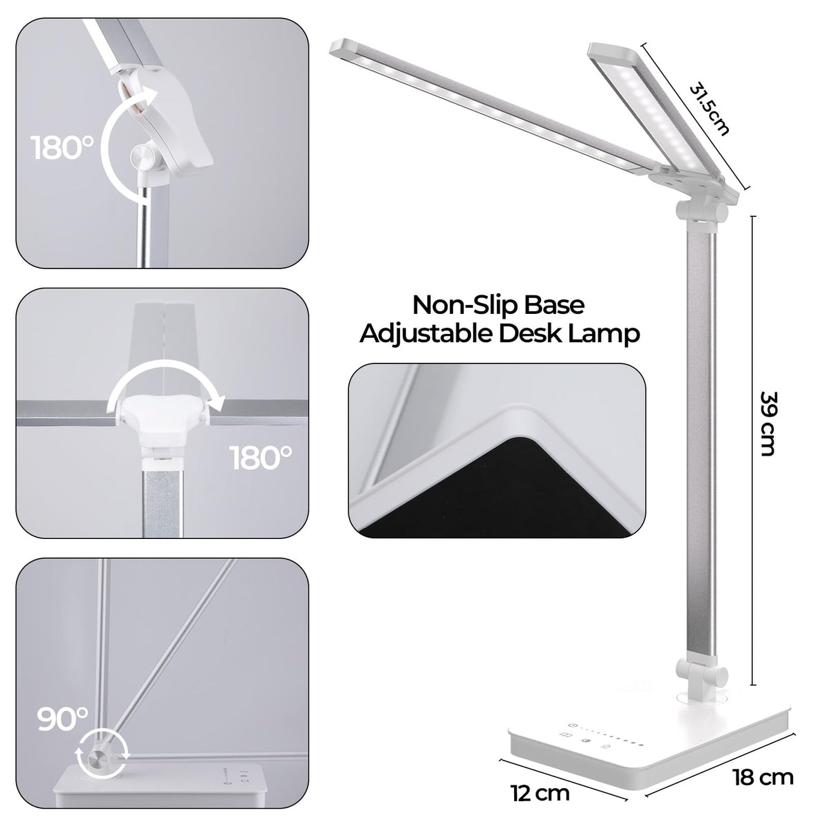 Schreibtischlampe LED 15W Dimmbar mit Augenschutz, 5 Farben und 10 Helligkeitsstufen, mit Adapter Ladefunktion Timer-Funktion, Memory Lesemodus Tischlampe für Kinder Schlafzimmer Büro (Weiß)