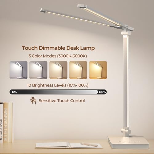 Schreibtischlampe LED 15W Dimmbar mit Augenschutz, 5 Farben und 10 Helligkeitsstufen, mit Adapter Ladefunktion Timer-Funktion, Memory Lesemodus Tischlampe für Kinder Schlafzimmer Büro (Weiß)