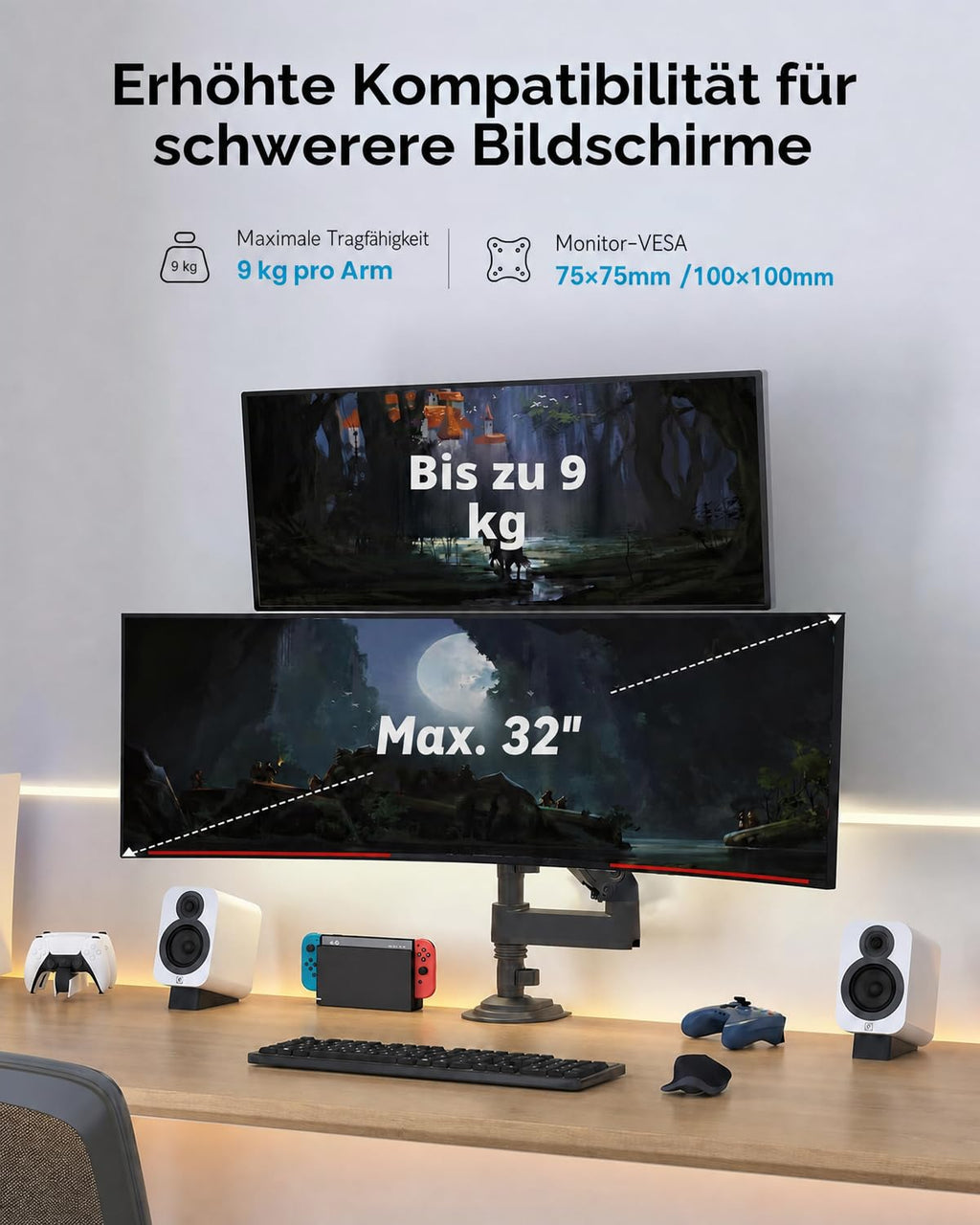 HUANUO Monitor Halterung 2 Monitore 13-32 Zoll, 9KG Arm, VESA 75/100