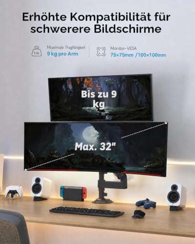 HUANUO Monitor Halterung 2 Monitore 13-32 Zoll, 9KG Arm, VESA 75/100