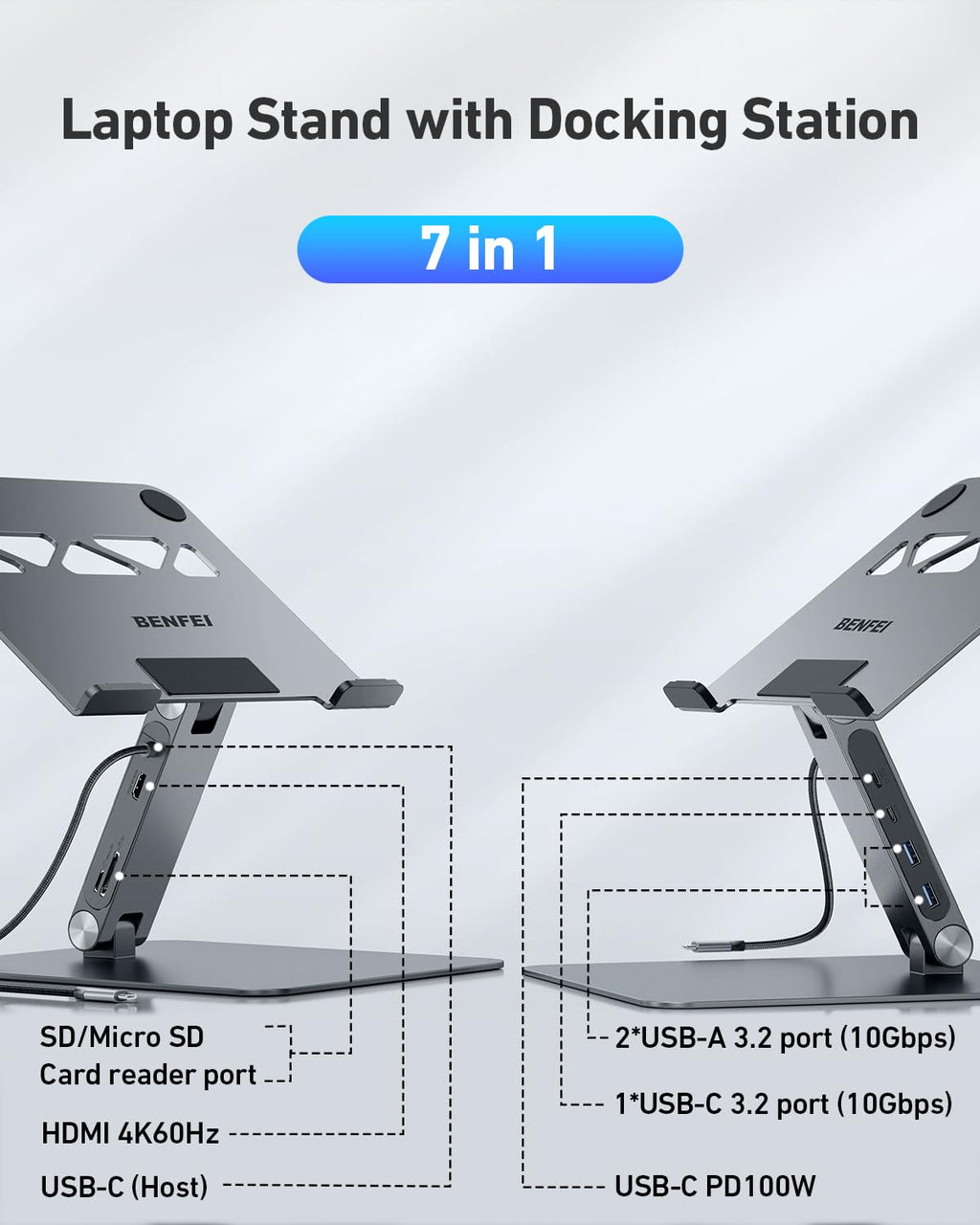 BENFEI Laptop Ständer mit 7-in-1 USB C Dockingstation – HDMI (4K@60Hz), 1×SD& 1×Micro SD Kartenleser, 100W Power Delivery, 10Gbps (1×USB-C & 2×USB-A 3.2) – Für MacBook Pro/Air iPad Pro XPS & ThinkPad