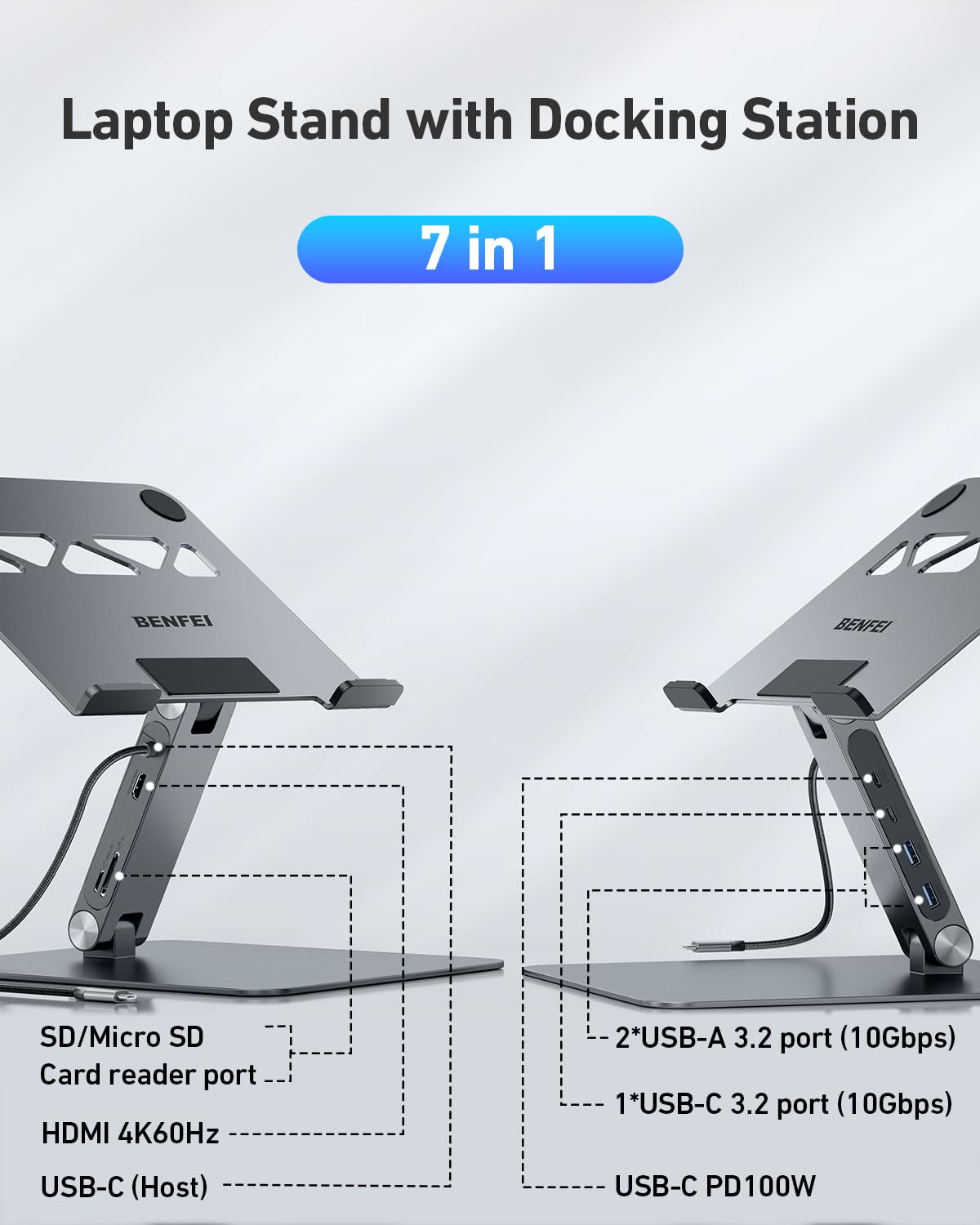 BENFEI Laptop Ständer mit 7-in-1 USB C Dockingstation – HDMI (4K@60Hz), 1×SD& 1×Micro SD Kartenleser, 100W Power Delivery, 10Gbps (1×USB-C & 2×USB-A 3.2) – Für MacBook Pro/Air iPad Pro XPS & ThinkPad
