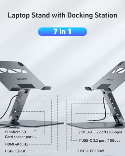 BENFEI Laptop Ständer mit 7-in-1 USB C Dockingstation – HDMI (4K@60Hz), 1×SD& 1×Micro SD Kartenleser, 100W Power Delivery, 10Gbps (1×USB-C & 2×USB-A 3.2) – Für MacBook Pro/Air iPad Pro XPS & ThinkPad