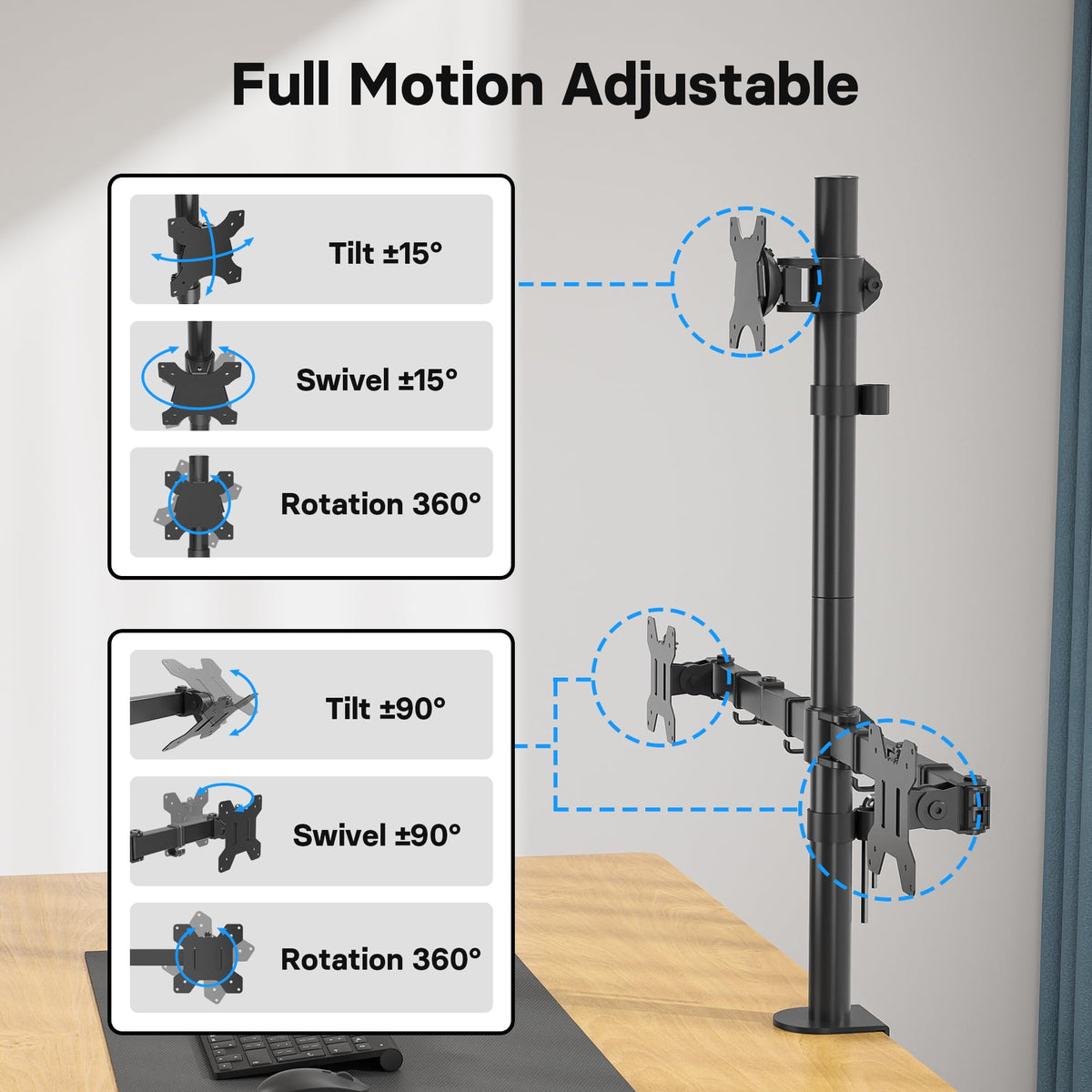 BONTEC Monitor Halterung 3 Monitore 27-32 Zoll, 30 kg/Arm, VESA 75/100