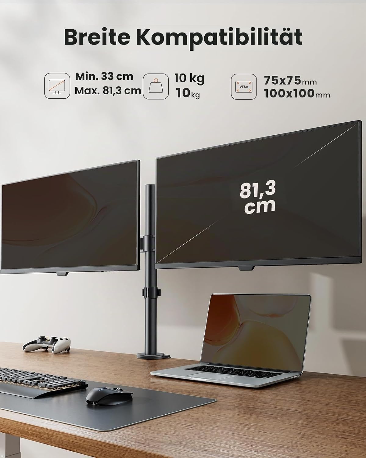 ErGear Monitor Halterung 2 Monitore für 13-32 Zoll Bildschirm, Bildschirmhalterung 2 Monitore Höhenverstellbar Neigbar Schwenkbar Drehungbar, VESA 75/100