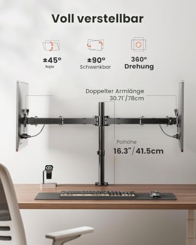 ErGear Monitor Halterung 2 Monitore für 13-32 Zoll Bildschirm, Bildschirmhalterung 2 Monitore Höhenverstellbar Neigbar Schwenkbar Drehungbar, VESA 75/100