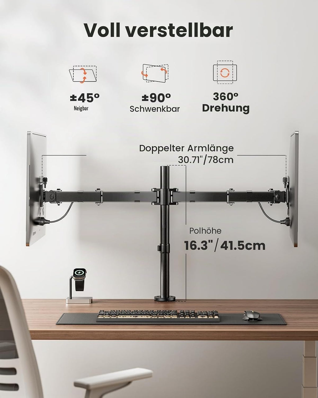 ErGear Monitor Halterung 2 Monitore für 13-32 Zoll Bildschirm, Bildschirmhalterung 2 Monitore Höhenverstellbar Neigbar Schwenkbar Drehungbar, VESA 75/100