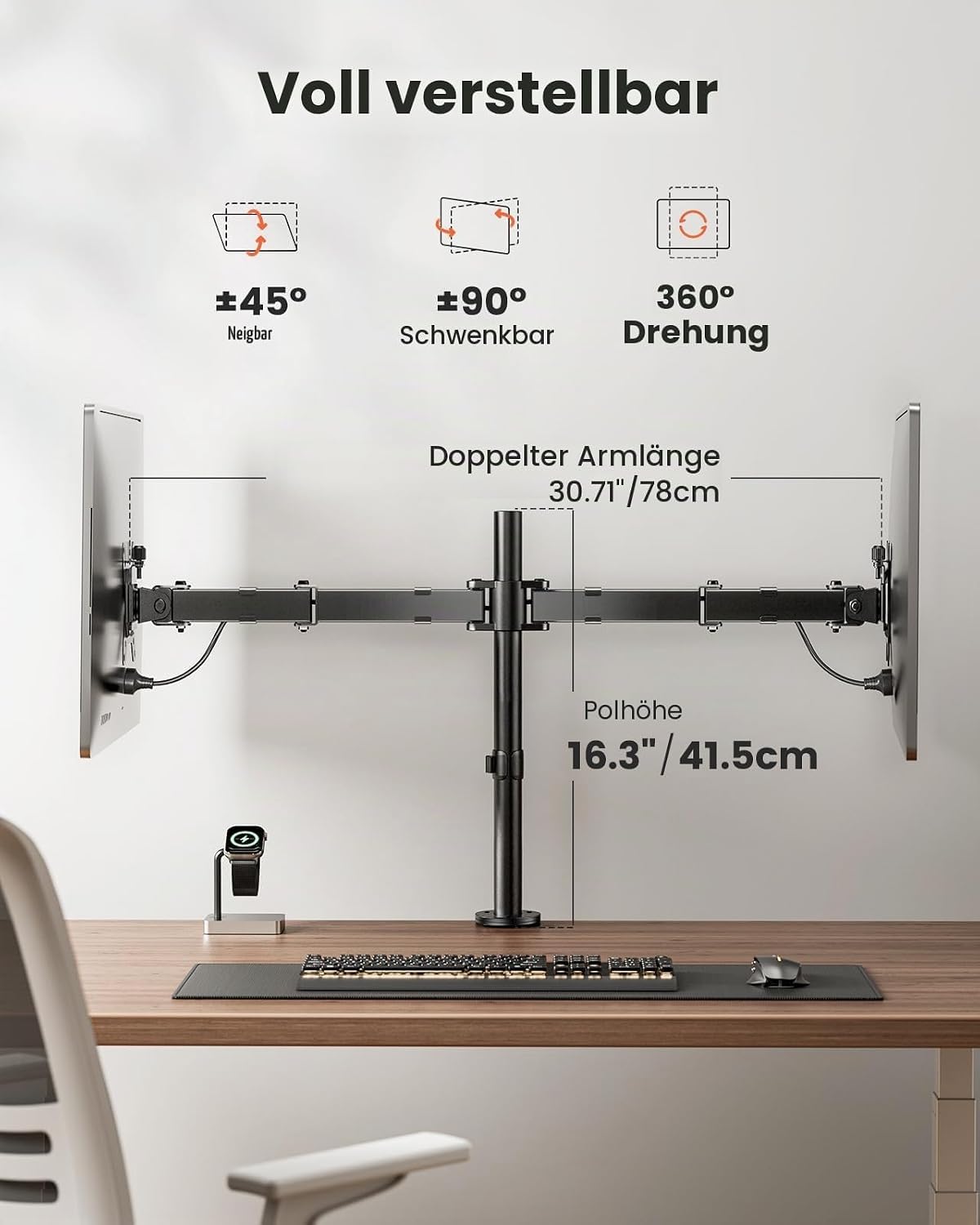 ErGear Monitor Halterung 2 Monitore für 13-32 Zoll Bildschirm, Bildschirmhalterung 2 Monitore Höhenverstellbar Neigbar Schwenkbar Drehungbar, VESA 75/100