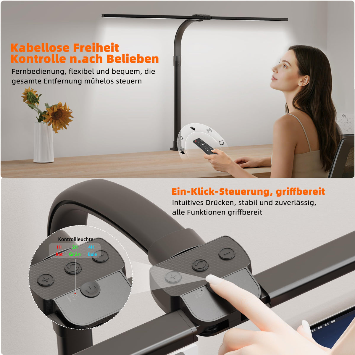 LOTTBUTY Doppelkopf Schreibtischlampe LED dimmbar,24W 80CM Homeoffice Tageslichtlampe Schreibtisch Lampe, Schwanenhals Büro Tischlampe (Schwarz,Klemmbar)