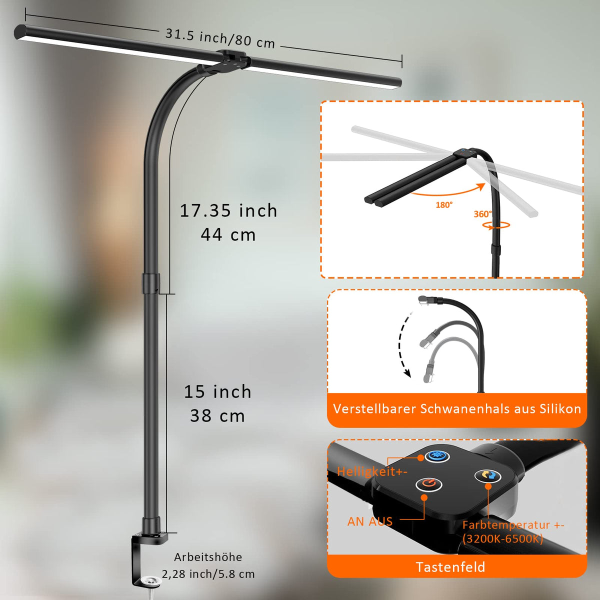 LOTTBUTY Doppelkopf Schreibtischlampe LED dimmbar,24W 80CM Homeoffice Tageslichtlampe Schreibtisch Lampe, Schwanenhals Büro Tischlampe (Schwarz,Klemmbar)