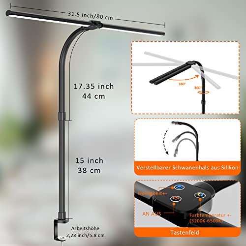 LOTTBUTY Doppelkopf Schreibtischlampe LED dimmbar,24W 80CM Homeoffice Tageslichtlampe Schreibtisch Lampe, Schwanenhals Büro Tischlampe (Schwarz,Klemmbar)