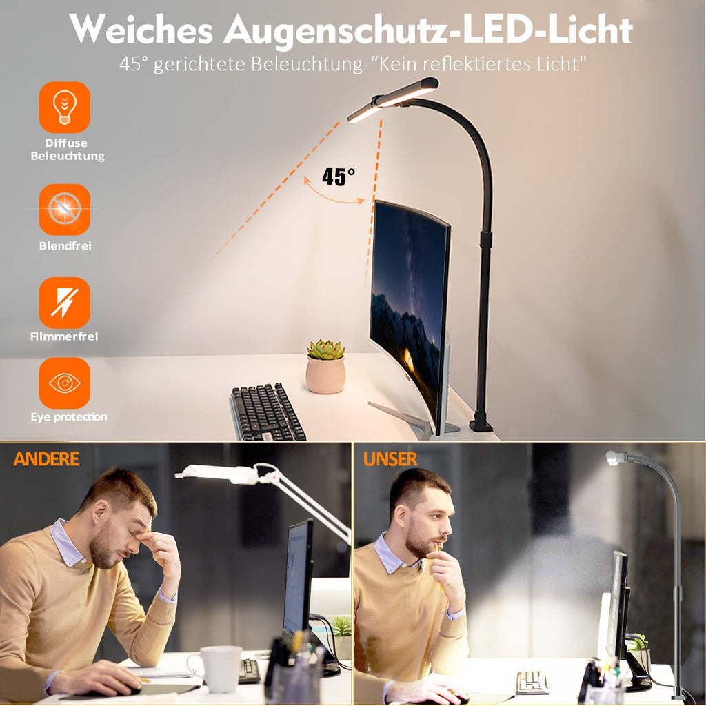 LOTTBUTY Doppelkopf Schreibtischlampe LED dimmbar,24W 80CM Homeoffice Tageslichtlampe Schreibtisch Lampe, Schwanenhals Büro Tischlampe (Schwarz,Klemmbar)