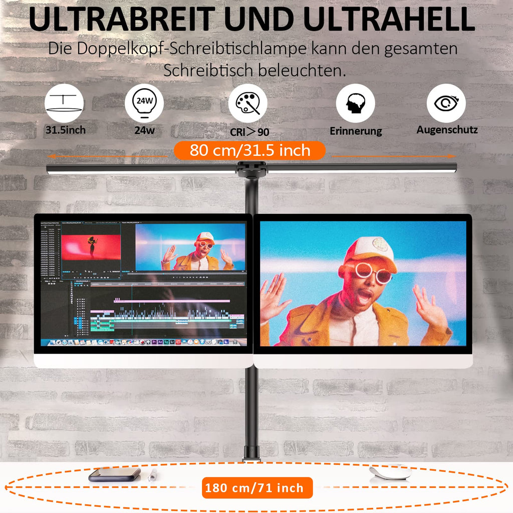 LOTTBUTY Doppelkopf Schreibtischlampe LED dimmbar,24W 80CM Homeoffice Tageslichtlampe Schreibtisch Lampe, Schwanenhals Büro Tischlampe (Schwarz,Klemmbar)