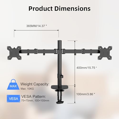 Pholiten Monitor Halterung für 13-27 Zoll LED LCD Bildschirm bis zu 10 kg, Monitor Arm für 2 Monitore, Höhenverstellbar Schwenkbar Neigbar Monitorhalterung für den Schreibtisch, max.VESA 100x100mm
