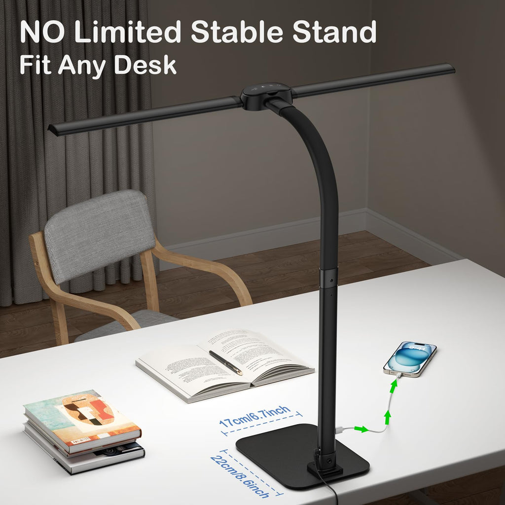 80cm Doppelkopf Schreibtischlampe Led Dimmbar mit USB-Ladeanschluss 24W
