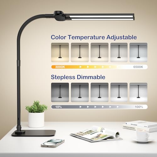 80cm Doppelkopf Schreibtischlampe Led Dimmbar mit USB-Ladeanschluss 24W