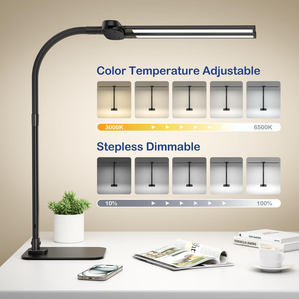 80cm Doppelkopf Schreibtischlampe Led Dimmbar mit USB-Ladeanschluss 24W