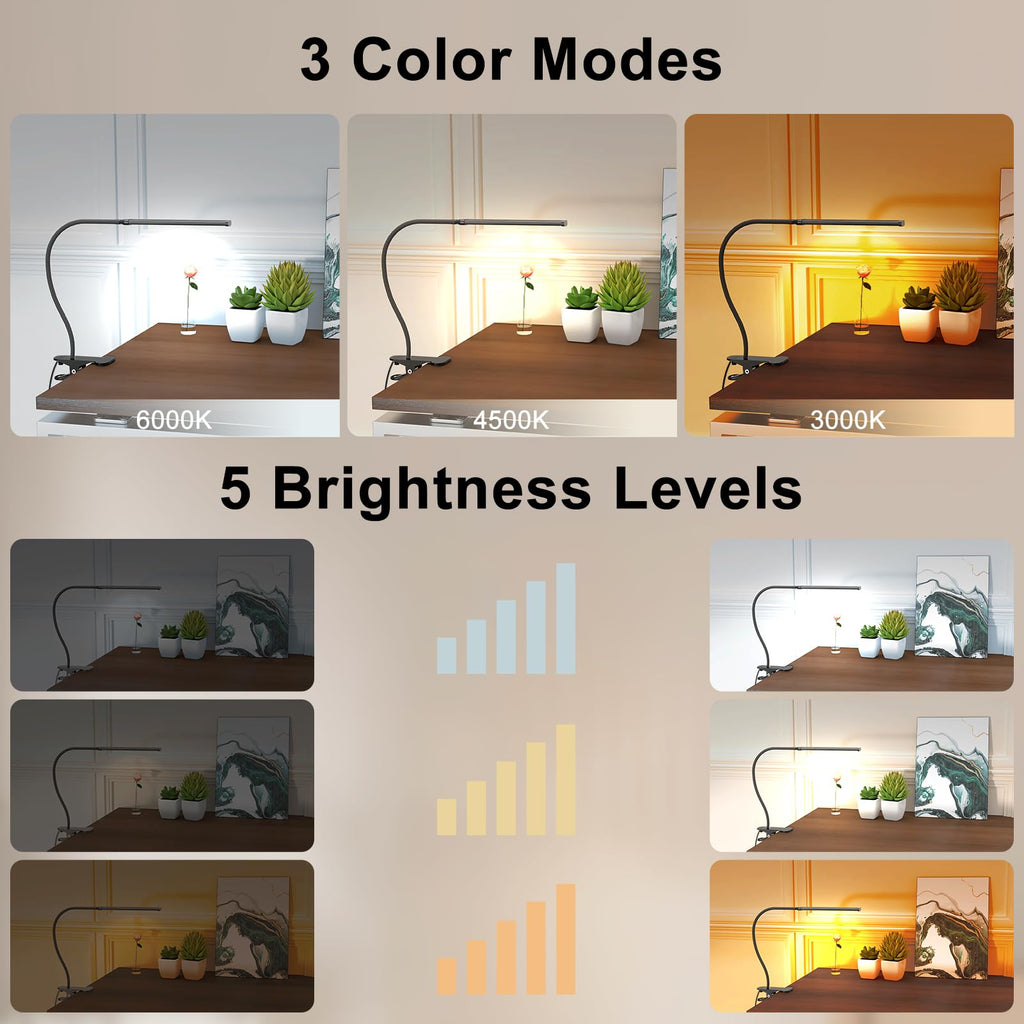 Mojimdo Schreibtischlampe 77 LED mit Fernbedienung [Beeindruckende Lichtleistung] 40CM Klemmlampe, 3 Farben & 5 Helligkeitsstufen, 360° Flexibel mit USB-Ladegerät