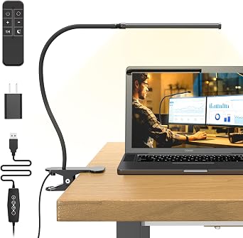 Mojimdo Schreibtischlampe 77 LED mit Fernbedienung [Beeindruckende Lichtleistung] 40CM Klemmlampe, 3 Farben & 5 Helligkeitsstufen, 360° Flexibel mit USB-Ladegerät