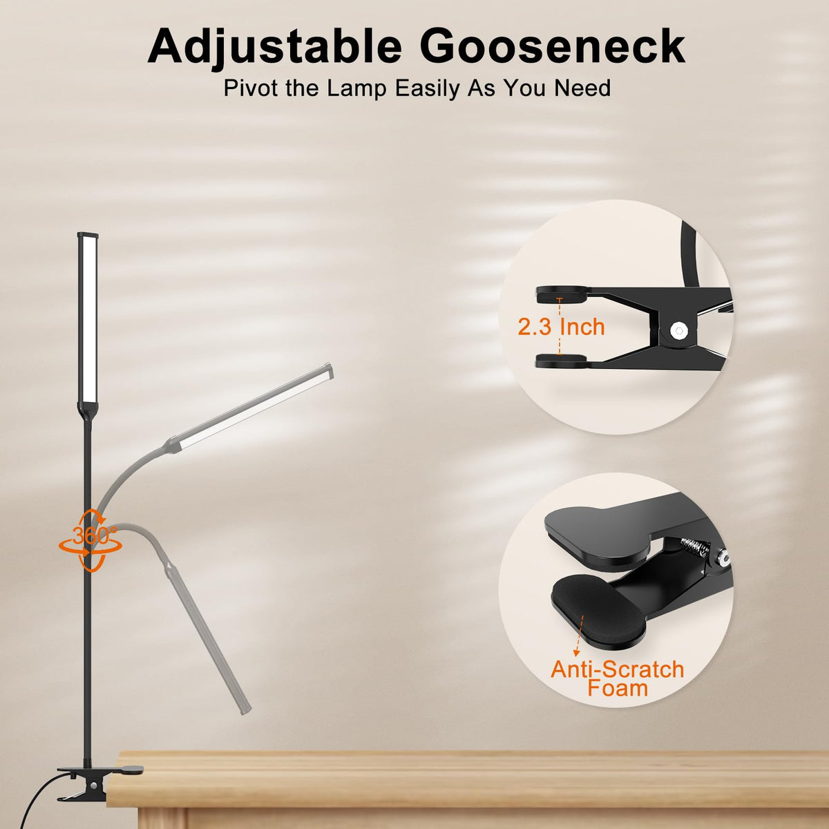 Mojimdo Schreibtischlampe 77 LED mit Fernbedienung [Beeindruckende Lichtleistung] 40CM Klemmlampe, 3 Farben & 5 Helligkeitsstufen, 360° Flexibel mit USB-Ladegerät