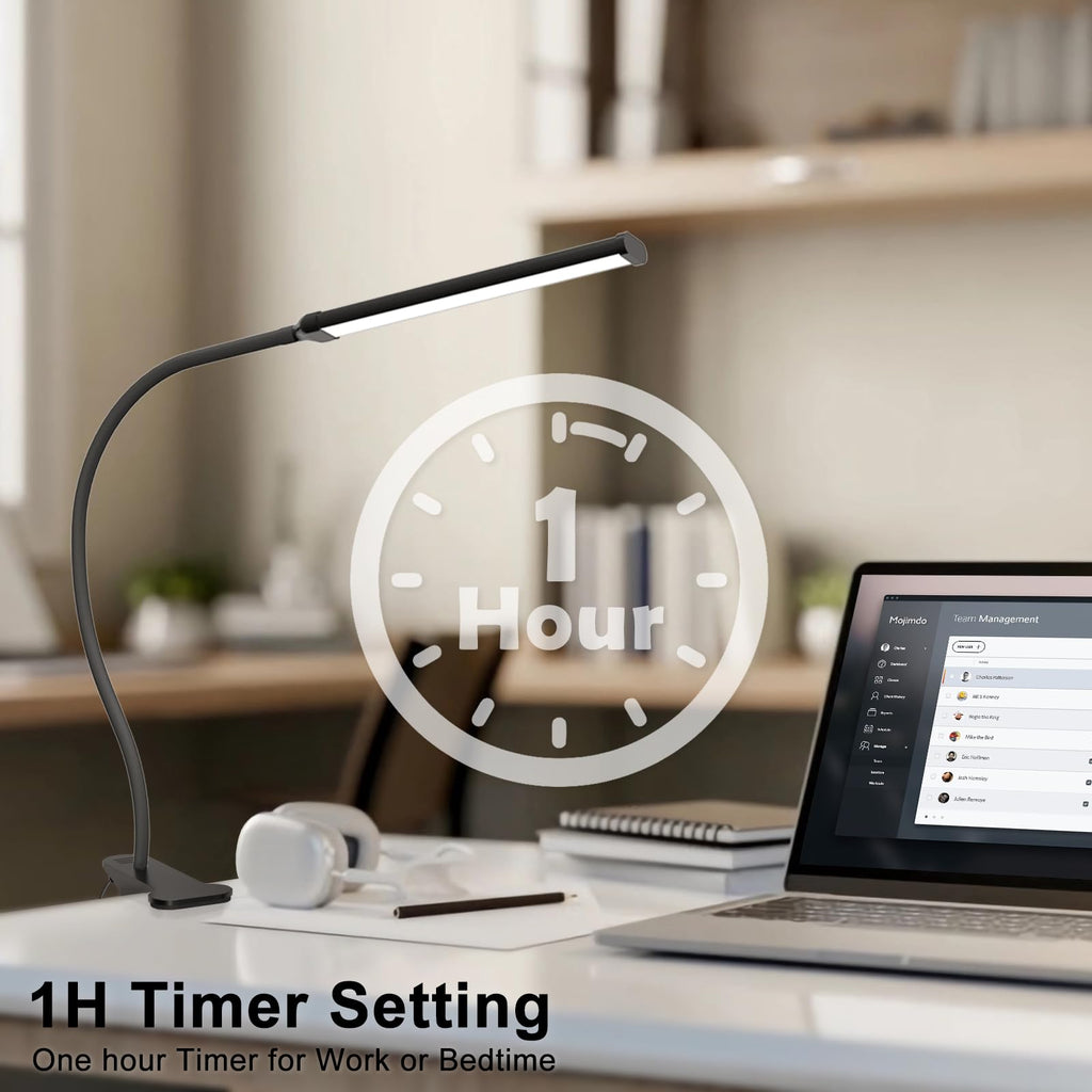 Mojimdo Schreibtischlampe 77 LED mit Fernbedienung [Beeindruckende Lichtleistung] 40CM Klemmlampe, 3 Farben & 5 Helligkeitsstufen, 360° Flexibel mit USB-Ladegerät