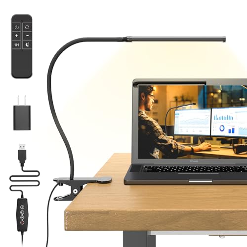 Mojimdo Schreibtischlampe 77 LED mit Fernbedienung [Beeindruckende Lichtleistung] 40CM Klemmlampe, 3 Farben & 5 Helligkeitsstufen, 360° Flexibel mit USB-Ladegerät