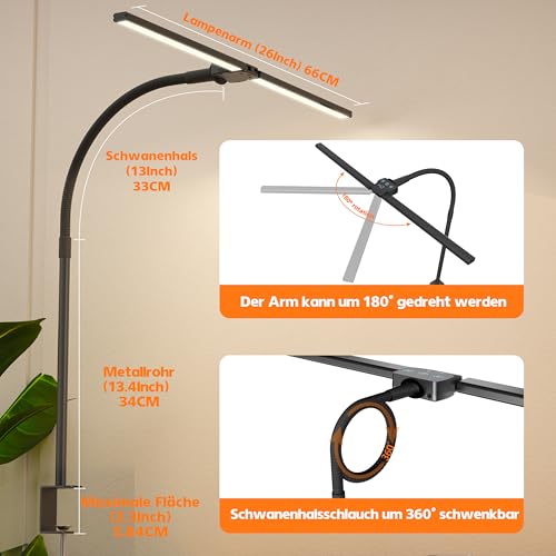 Doppelkopf Schreibtischlampe LED Dimmbar，1200 Lumen Schreibtischleuchte klemmbar mit 5 Farbtemperaturen und 5 Helligkeiten für Home Office，Augenschutz büro tischlampe mit Schwanenhals,Monitor Lampe
