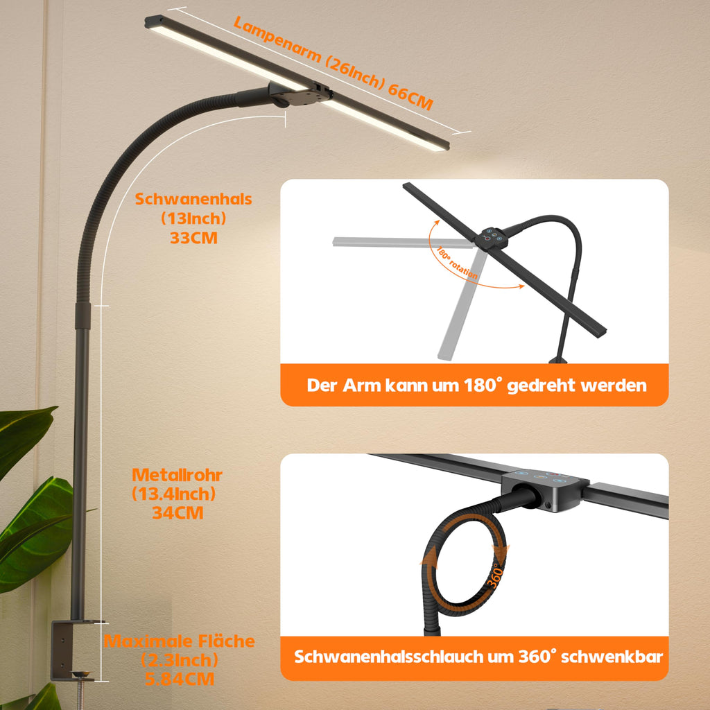 Doppelkopf Schreibtischlampe LED Dimmbar，1200 Lumen Schreibtischleuchte klemmbar mit 5 Farbtemperaturen und 5 Helligkeiten für Home Office，Augenschutz büro tischlampe mit Schwanenhals,Monitor Lampe