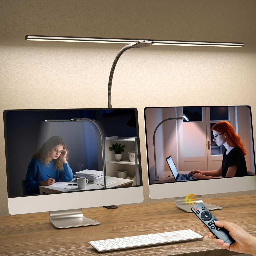 Doppelkopf Schreibtischlampe LED Dimmbar，1200 Lumen Schreibtischleuchte klemmbar mit 5 Farbtemperaturen und 5 Helligkeiten für Home Office，Augenschutz büro tischlampe mit Schwanenhals,Monitor Lampe