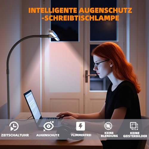 Doppelkopf Schreibtischlampe LED Dimmbar，1200 Lumen Schreibtischleuchte klemmbar mit 5 Farbtemperaturen und 5 Helligkeiten für Home Office，Augenschutz büro tischlampe mit Schwanenhals,Monitor Lampe