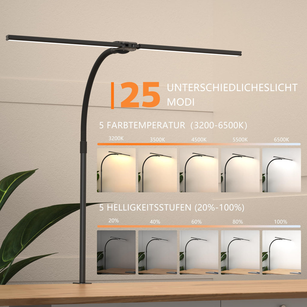 Doppelkopf Schreibtischlampe LED Dimmbar，1200 Lumen Schreibtischleuchte klemmbar mit 5 Farbtemperaturen und 5 Helligkeiten für Home Office，Augenschutz büro tischlampe mit Schwanenhals,Monitor Lampe
