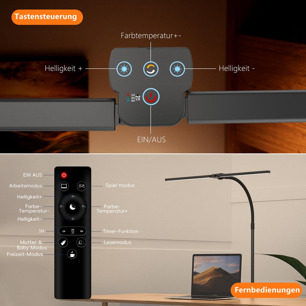 Doppelkopf Schreibtischlampe LED Dimmbar，1200 Lumen Schreibtischleuchte klemmbar mit 5 Farbtemperaturen und 5 Helligkeiten für Home Office，Augenschutz büro tischlampe mit Schwanenhals,Monitor Lampe