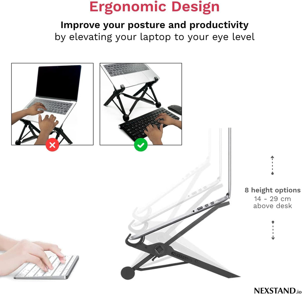 NEXSTAND K2 Laptopständer, Faltbarer tragbarer Desktop-Laptop-Halter, 8 Stufen höhenverstellbarer, ergonomischer Laptop-Ständer für Schreibtisch, MacBook, Laptop 10-17"
