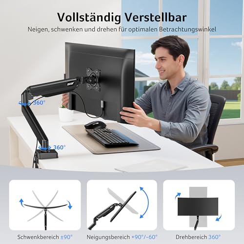 acer Monitor Halterung für 17-34 Zoll Bildschirme, Vollständig Einstellbar Gasfeder Monitor Arm Hält 9 kg, Monitorständer Höhenverstellbare mit Neigung, Schwenk & Drehfunktion, VESA 75/100 mm