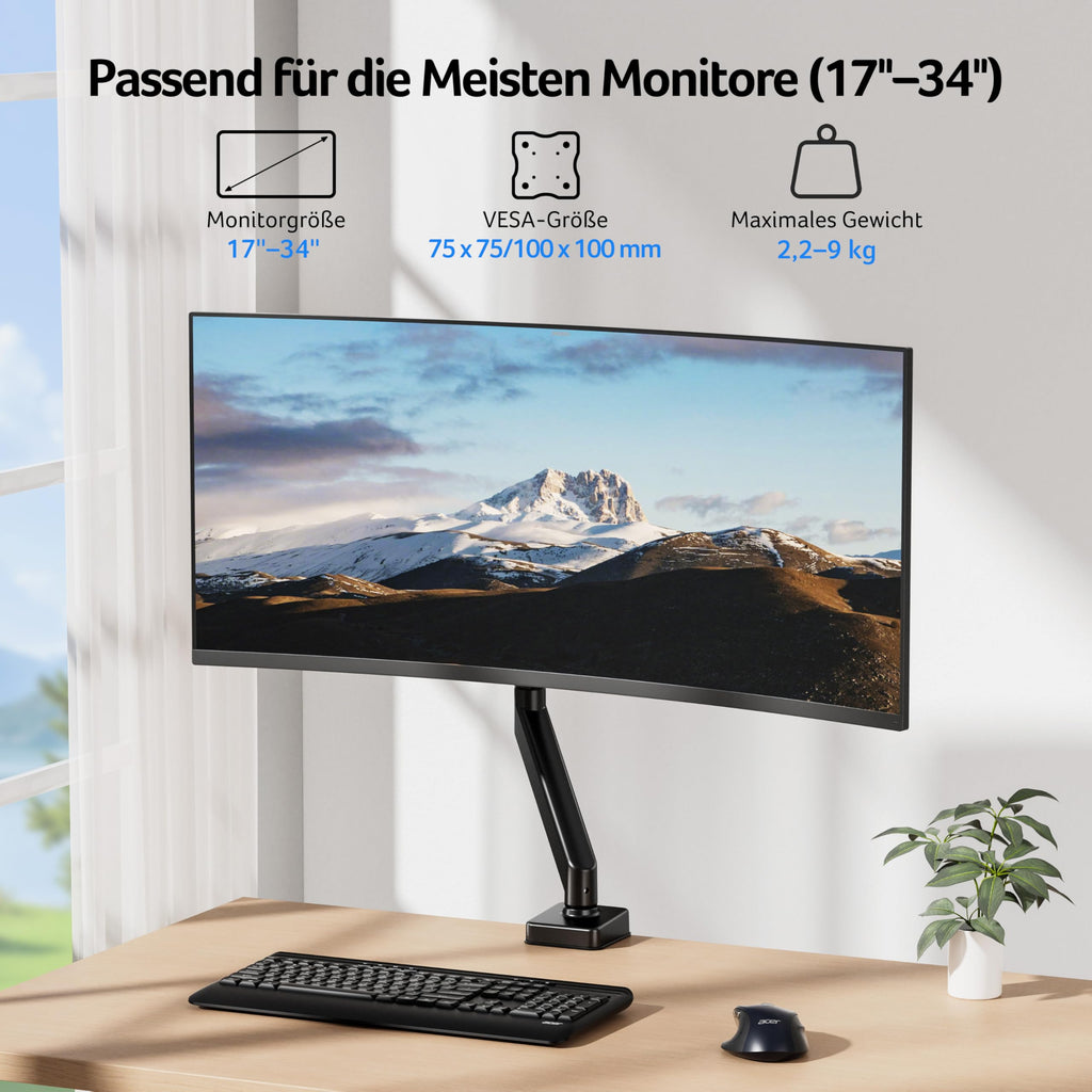 acer Monitor Halterung für 17-34 Zoll Bildschirme, Vollständig Einstellbar Gasfeder Monitor Arm Hält 9 kg, Monitorständer Höhenverstellbare mit Neigung, Schwenk & Drehfunktion, VESA 75/100 mm