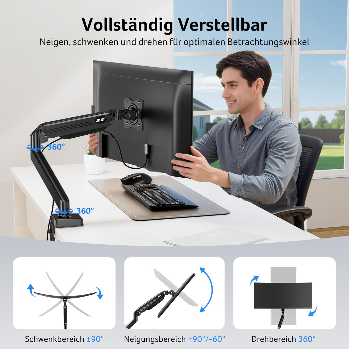 acer Monitor Halterung für 17-34 Zoll Bildschirme, Vollständig Einstellbar Gasfeder Monitor Arm Hält 9 kg, Monitorständer Höhenverstellbare mit Neigung, Schwenk & Drehfunktion, VESA 75/100 mm