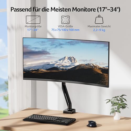 acer Monitor Halterung für 17-34 Zoll Bildschirme, Vollständig Einstellbar Gasfeder Monitor Arm Hält 9 kg, Monitorständer Höhenverstellbare mit Neigung, Schwenk & Drehfunktion, VESA 75/100 mm