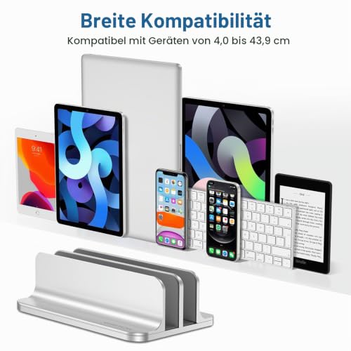 OMOTON [Aktualisierte Version Vertikaler Doppelständer für Laptops, Dualer Desktop-Laptop-Ständerhalter mit verstellbarem Dock (für Laptops bis zu 17,3 Zoll) für alle MacBook Air/Pro (Silber)