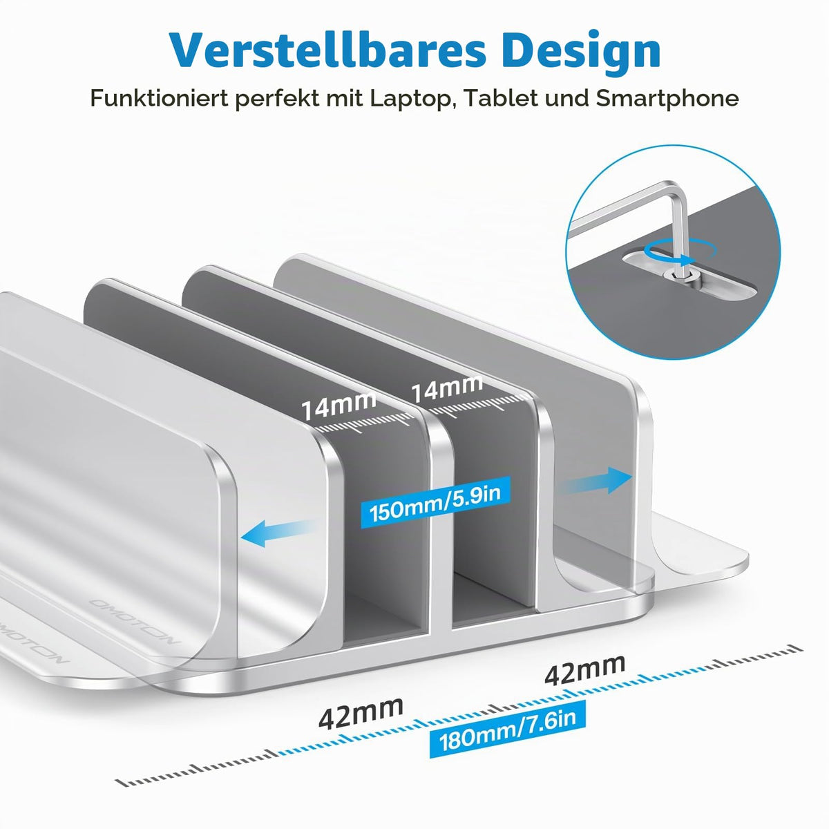 OMOTON [Aktualisierte Version Vertikaler Doppelständer für Laptops, Dualer Desktop-Laptop-Ständerhalter mit verstellbarem Dock (für Laptops bis zu 17,3 Zoll) für alle MacBook Air/Pro (Silber)