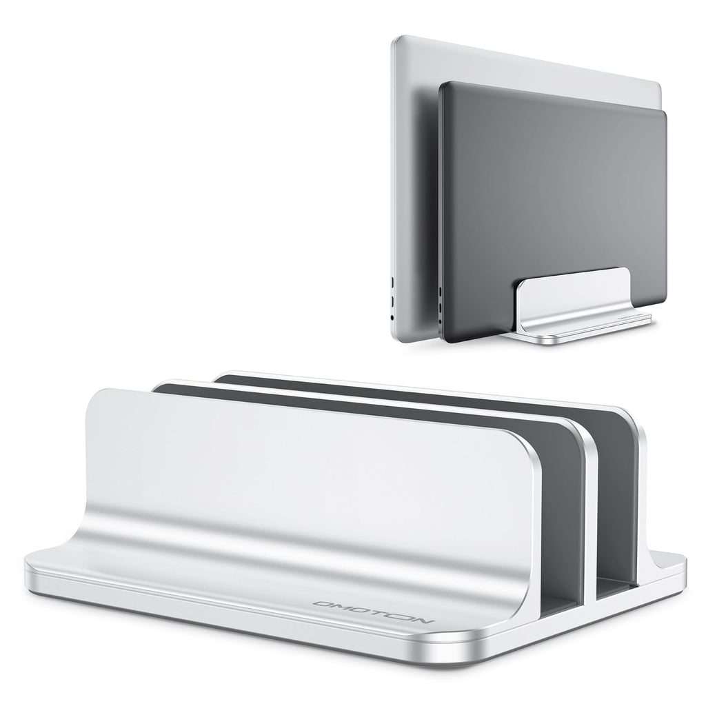 OMOTON [Aktualisierte Version Vertikaler Doppelständer für Laptops, Dualer Desktop-Laptop-Ständerhalter mit verstellbarem Dock (für Laptops bis zu 17,3 Zoll) für alle MacBook Air/Pro (Silber)
