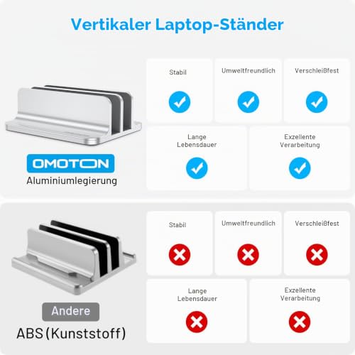 OMOTON [Aktualisierte Version Vertikaler Doppelständer für Laptops, Dualer Desktop-Laptop-Ständerhalter mit verstellbarem Dock (für Laptops bis zu 17,3 Zoll) für alle MacBook Air/Pro (Silber)