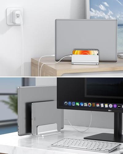OMOTON [Aktualisierte Version Vertikaler Doppelständer für Laptops, Dualer Desktop-Laptop-Ständerhalter mit verstellbarem Dock (für Laptops bis zu 17,3 Zoll) für alle MacBook Air/Pro (Silber)