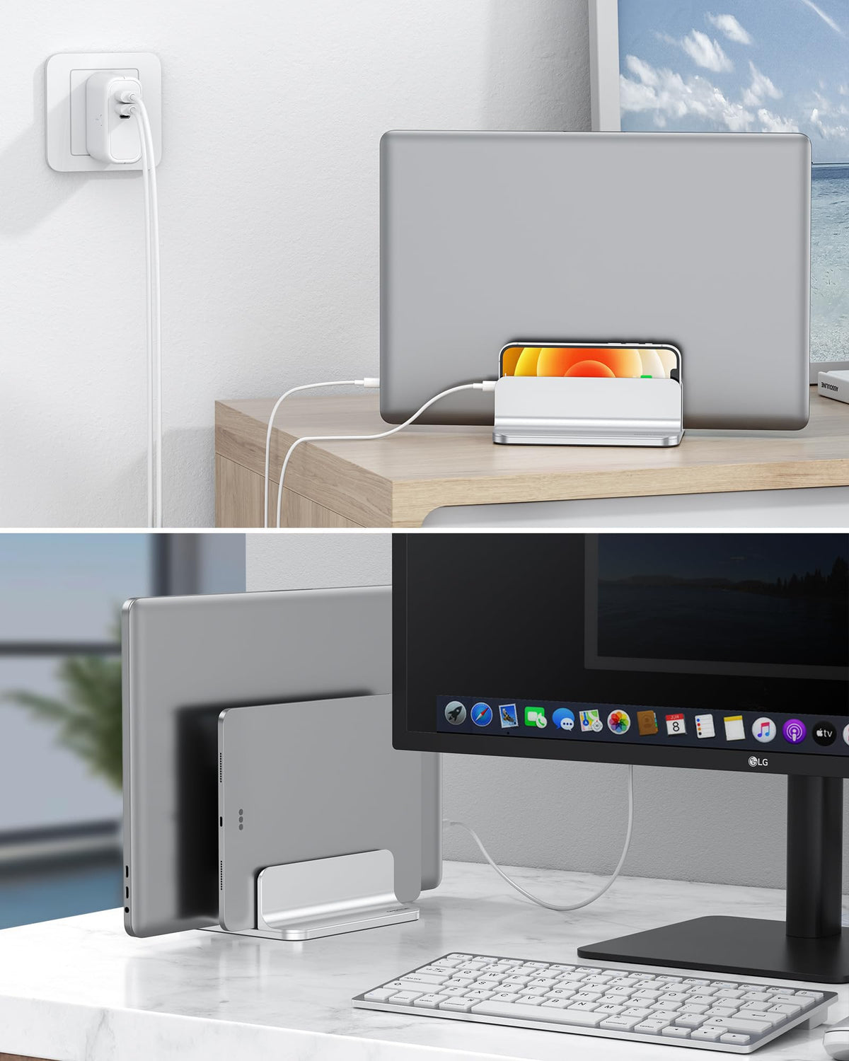 OMOTON [Aktualisierte Version Vertikaler Doppelständer für Laptops, Dualer Desktop-Laptop-Ständerhalter mit verstellbarem Dock (für Laptops bis zu 17,3 Zoll) für alle MacBook Air/Pro (Silber)