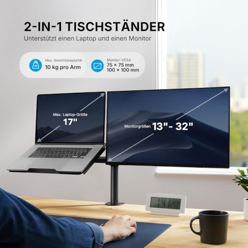 HUANUO Monitor Halterung mit Laptop Arm 13-32 Zoll, 10KG Arm, VESA 75/100