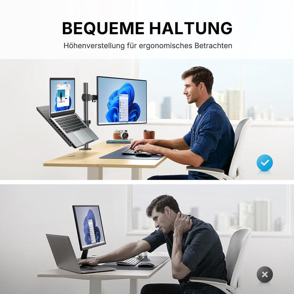 HUANUO Monitor Halterung mit Laptop Arm 13-32 Zoll, 10KG Arm, VESA 75/100