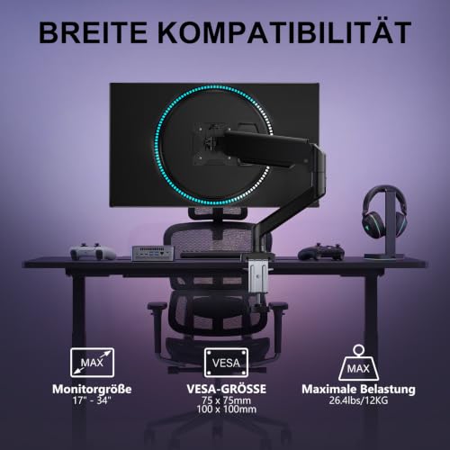 WALI Monitorhalterung für 13‑34 Zoll Bildschirme bis zu 12 kg, Verstellbarer Monitorarm, höhenverstellbare Bildschirmhalterung Schwenkbar Neigbar Drehbar, VESA 75x75/100x100 mm (GSMP001N), Schwarz