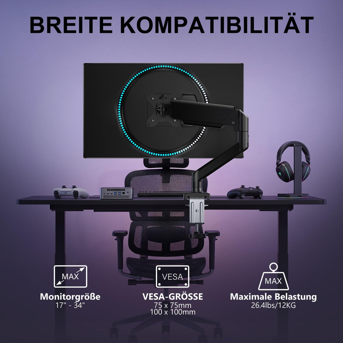WALI Monitorhalterung für 13‑34 Zoll Bildschirme bis zu 12 kg, Verstellbarer Monitorarm, höhenverstellbare Bildschirmhalterung Schwenkbar Neigbar Drehbar, VESA 75x75/100x100 mm (GSMP001N), Schwarz
